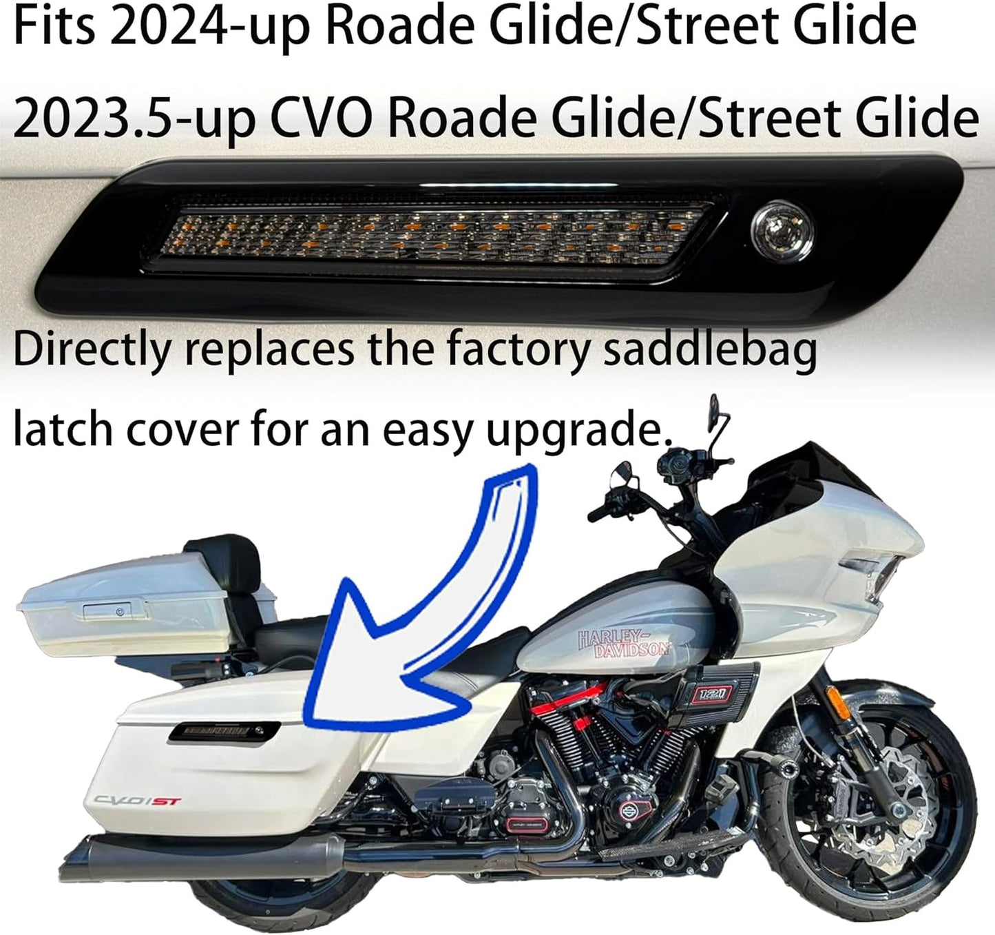 Saddlebag Latch Cover LED Light Kit, Red Brake/Running Light & Amber Sequential Turn Signals for 2024+ Road Glide/Street Glide,Compatible with 2023.5-up CVO Models,Smoked Lens