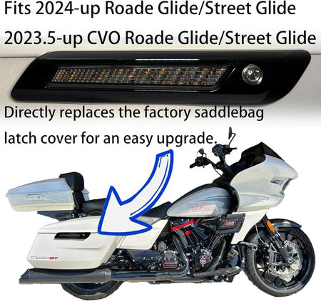 Saddlebag Latch Cover LED Light Kit, Red Brake/Running Light & Amber Sequential Turn Signals for 2024+ Road Glide/Street Glide,Compatible with 2023.5-up CVO Models,Smoked Lens